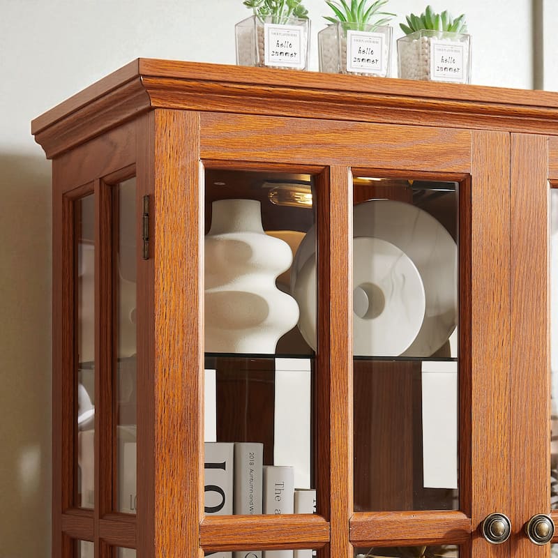 68.7" Antique Curio Display Cabinet with 4 Glass Doors, Adjustable Shelves & Built-in Light for Collectibles and Wine Storage