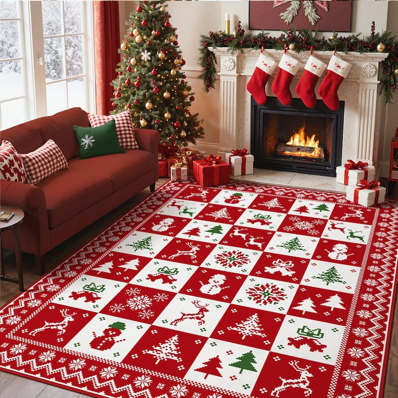 Mcow Christmas Motif Low-Pile Non-Slip Machine-Washable Area Rug
