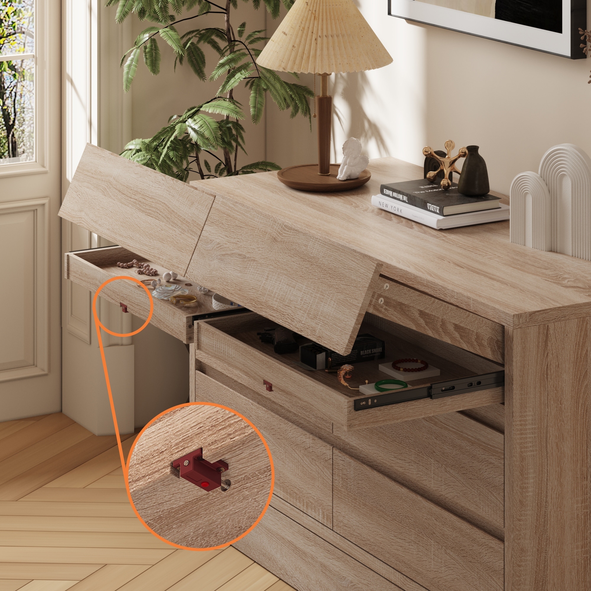 Wood Grain 7-Drawer Dresser with Hidden Compartments and Kick-to