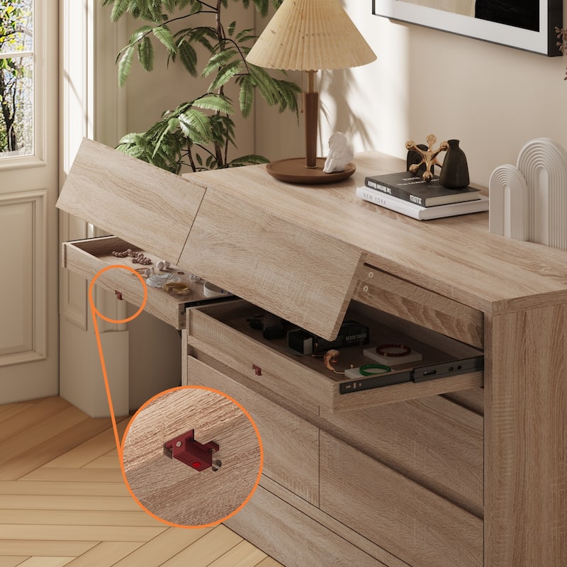 Wood Grain 7-Drawer Dresser with Hidden Compartments and Kick-to-Open Bottom Drawer