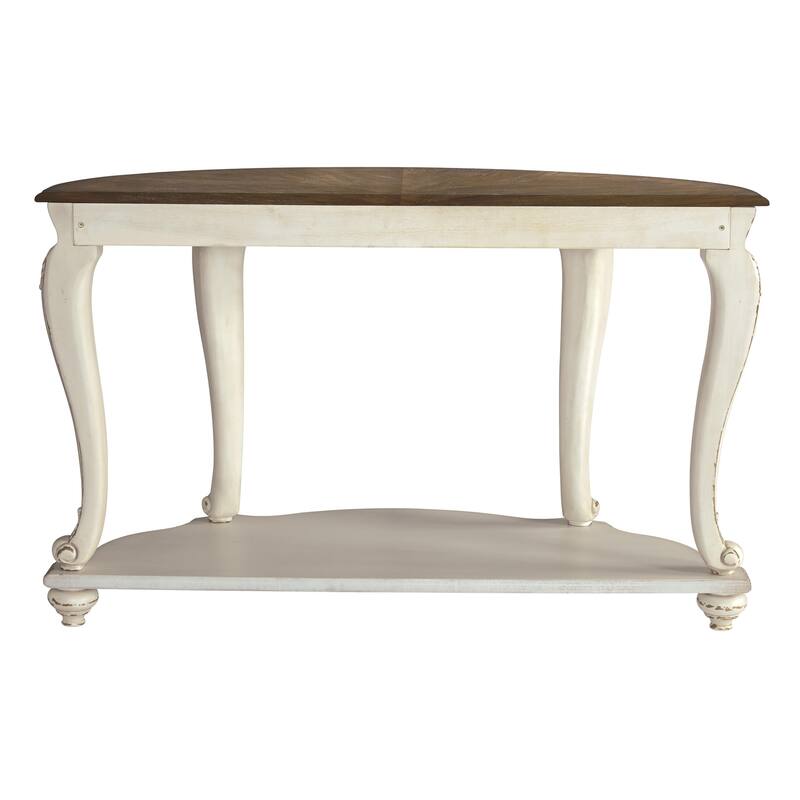 Crescent Moon Wooden Sofa Table with Engraved Details, Brown and White