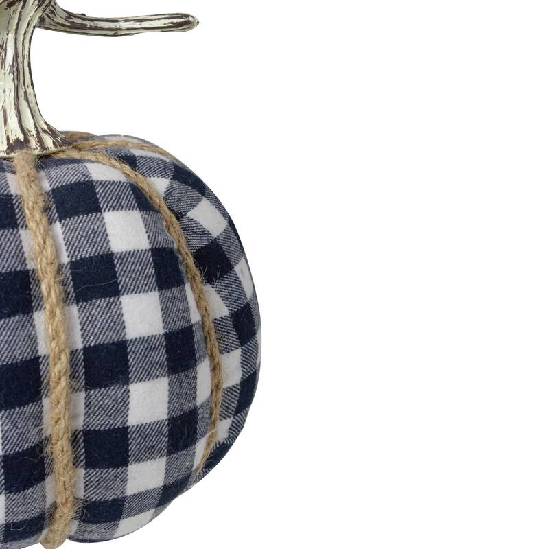 Plaid Fall Harvest Pumpkin with Weathered Stem - 7.75" - Dark Blue and White