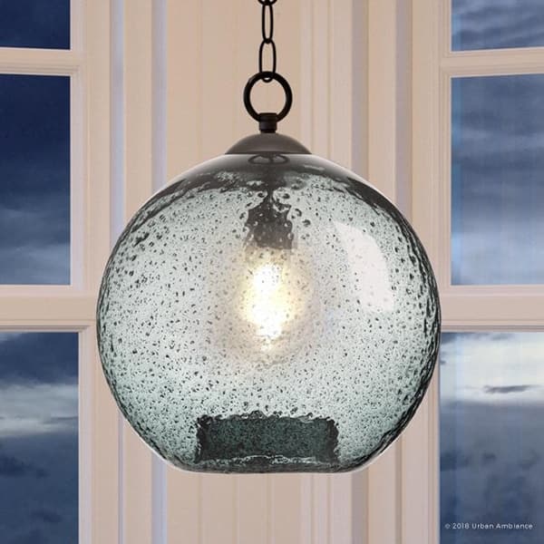 slide 2 of 7, Luxury Vintage Smoky Blue Bubble Glass Pendant Light, 14"H x 12"W, with Olde Bronze Finish by Urban Ambiance