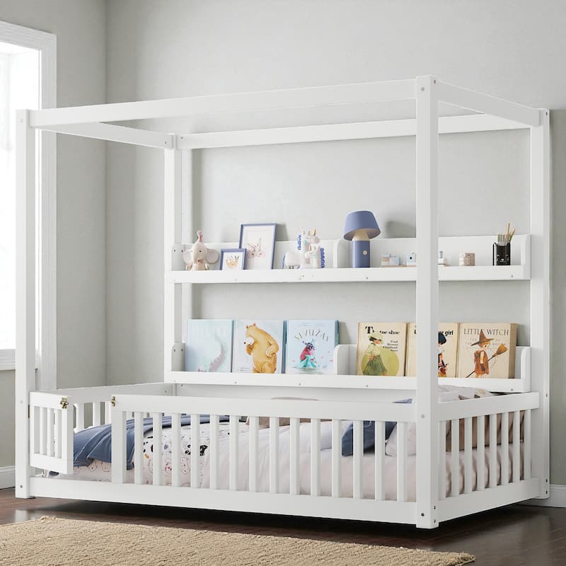 Twin/Full Size Montessori Floor Bed with Canopy and Guardrails, Solid Wood Kids Bed Frame with Shelves, No Box Spring Needed