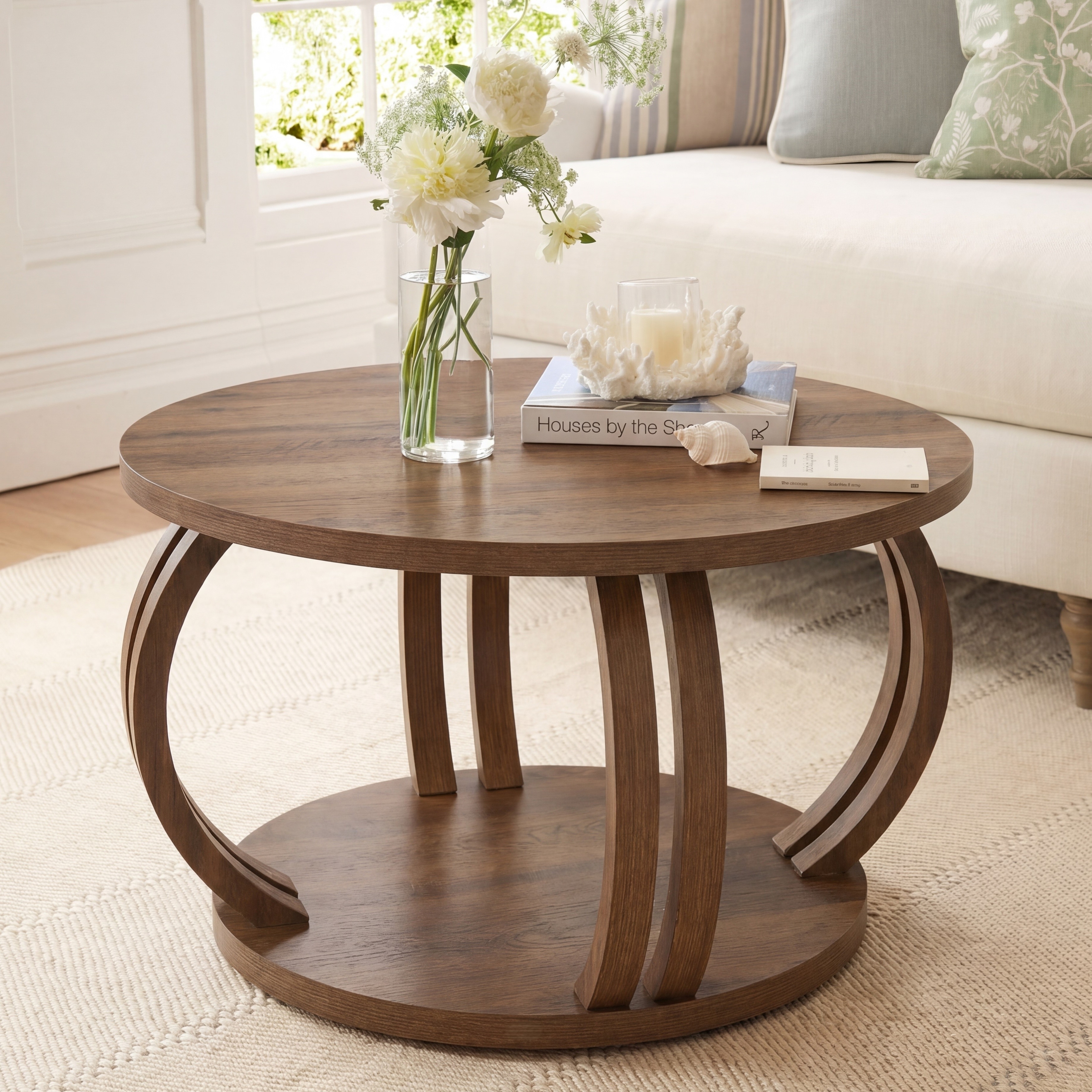 Round Coffee Table, 31.5 Inch Rustic Farmhouse Wood Center Cocktail Tables with Storage Shelf for Living Room Bedroom