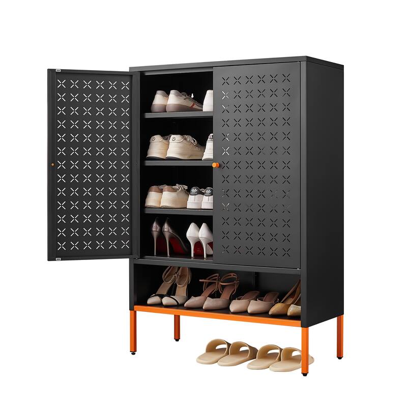 Grid Double Door Shoe Cabinet, Three Adjustable Compartments , Suspended Hollow Shoe Changing Compartment
