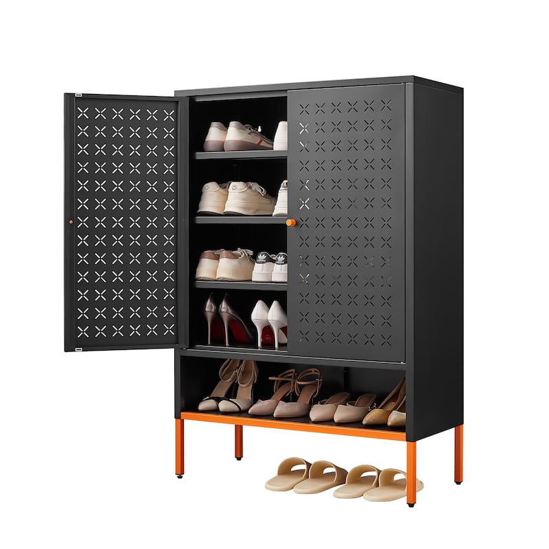Shoe Cabinet with Adjustable Shelves, Wall-Mountable Storage Cabinet with Butterfly Doors, Waterproof Accent Cabinet - Black