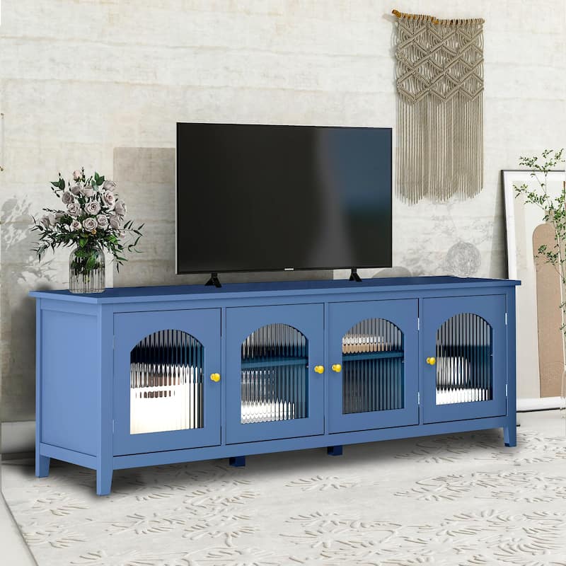TV Stand Cabinet with 4 Glass Doors, Wood Entertainment Center - 70.87L x 17.72W x 24.02Hinches