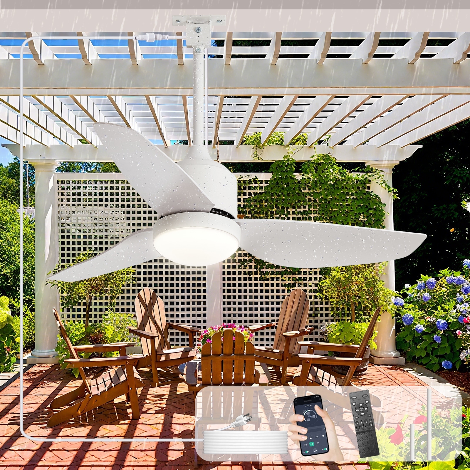 Outdoor Ceiling Fan with Light: 42-52 Inch Hanging - Plug in Waterproof Fans for Patio - Dimmable Remote App Control Black