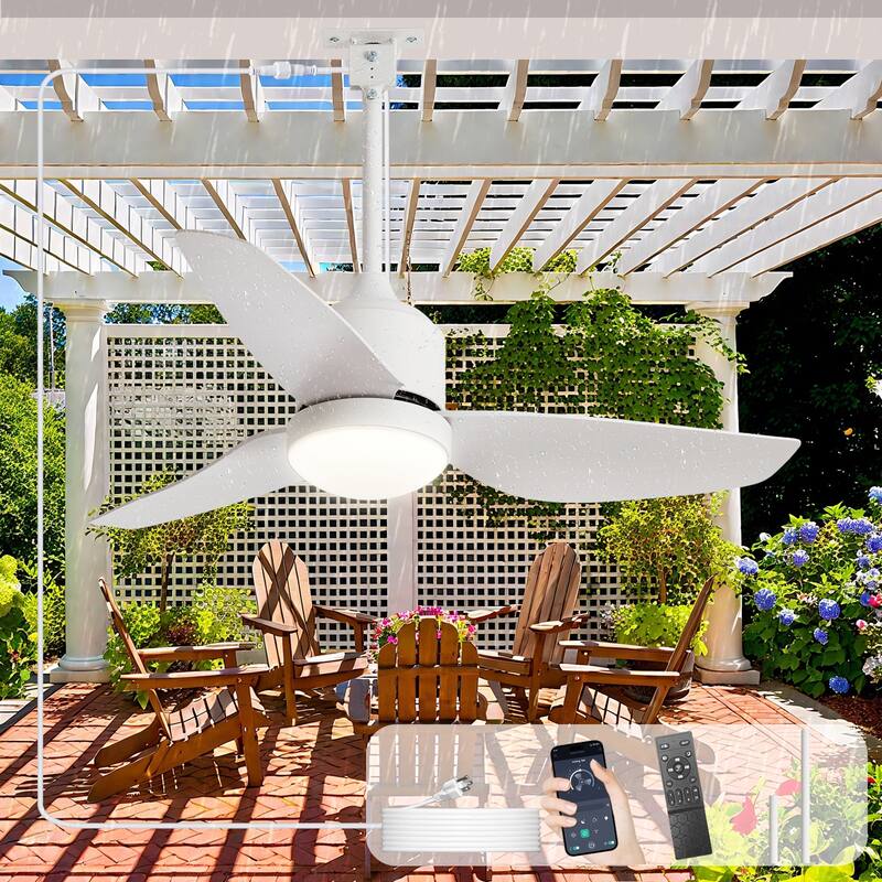 Outdoor Ceiling Fan with Light: 42-52 Inch Hanging - Plug in Waterproof Fans for Patio - Dimmable Remote App Control Black - 42in - White