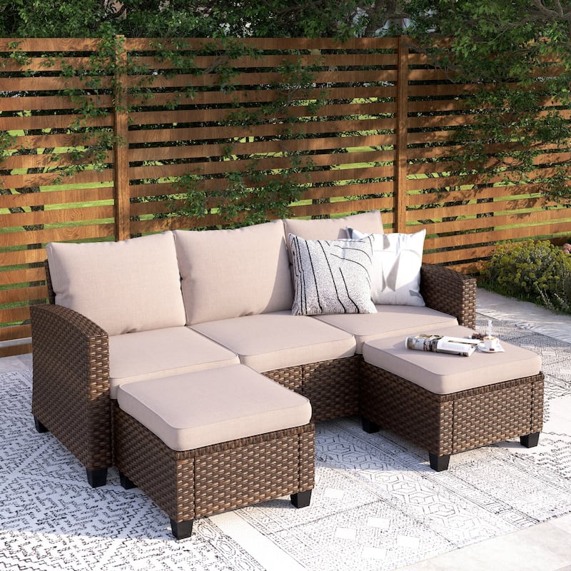 5/9-Seat Patio Furniture Wicker Rattan Outdoor Deep Seating Sectional Sofa Large Conversation Set - 5-Seat - Beige