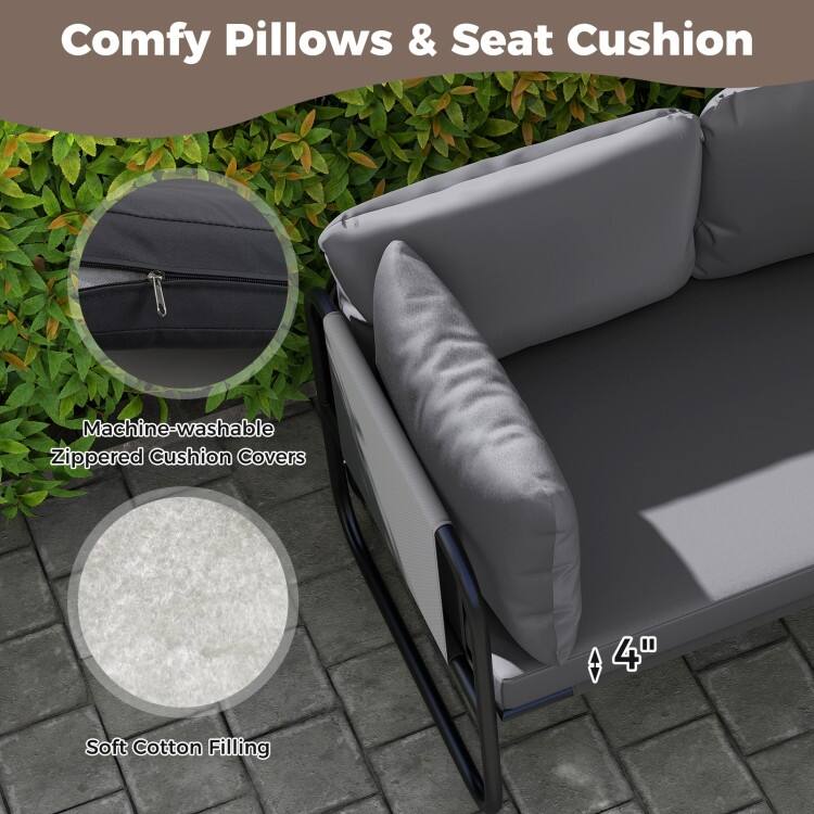 Grey-Black Metal Fabric Outdoor Loveseat with Cushions Patio Seating - 45.5" x 25.5" x 23.5"