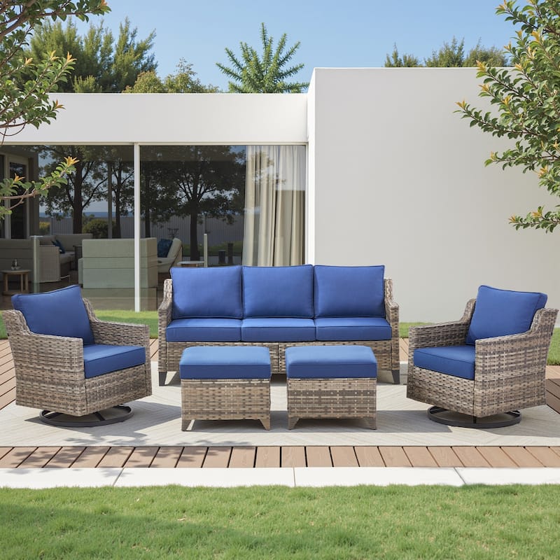Pocassy Outdoor All-Weather Outdoor Sofa, Swivel Chair, Ottoman Sets - Grey Wicker Blue Cushion - 5 Pieces Sofa Swivel Chair with Ottoman