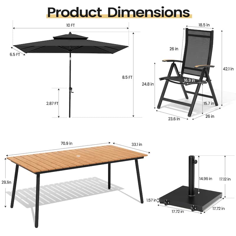 9PC Outdoor Patio Dining Set WoodLike Aluminum Umbrella Hole Table with Folding Chairs,Double Top Market Umbrella and Wheel Base