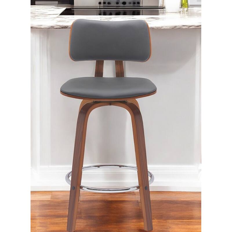 26" Gray And Wood Brown Faux Leather Swivel Low Back Counter Height Bar Chair - Gray