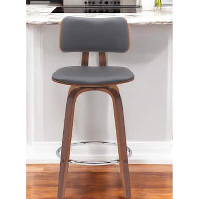 26" Gray And Wood Brown Faux Leather Swivel Low Back Counter Height Bar Chair