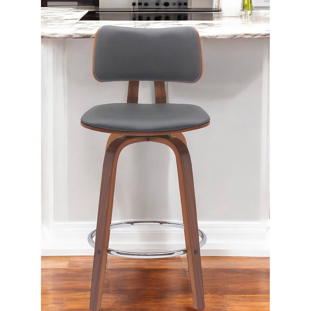 26" Gray And Wood Brown Faux Leather Swivel Low Back Counter Height Bar Chair