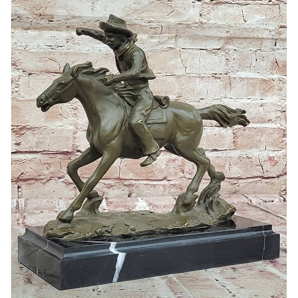 Cowboy On Galloping Horse Bronze Sculpture - Wild West Equestrian Art