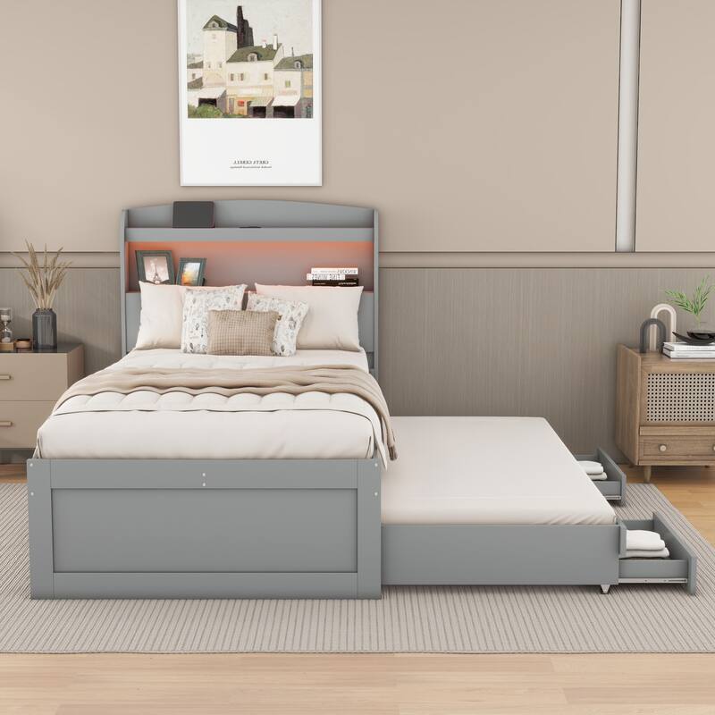 Multi-purpose platform bed with trundle and drawers - Grey - Twin XL