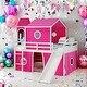 preview thumbnail 1 of 28, Playhouse Full Size Loft Bed with Slide Pink Tent and Tower for Kids,Kids Bed Design Pink