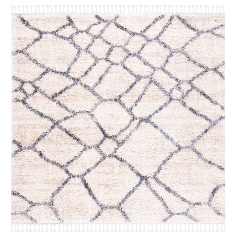 SAFAVIEH Berber Fringe Lozenka Mercedes Trellis Rug - 6'7" Square - Cream/Grey