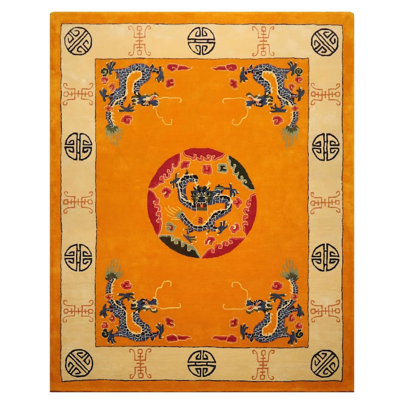 Gold Medallion & Dragon Chinese Art Deco New Zealand Wool Hand Tufted Multi Size Oriental Area Rug LoomBloom