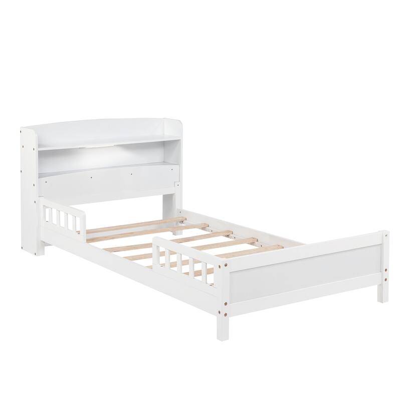 Twin Size Pine Bed w/ Bookcase Headboard ,LED Sensor Light, Guardrails