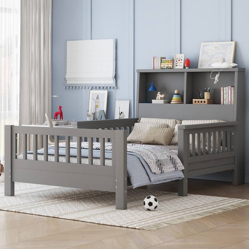 Pull Out Twin Size Platform Bed Converted into Baby Crib and Sofa with Storage Headboard and Removable Footboard - Grey - Twin