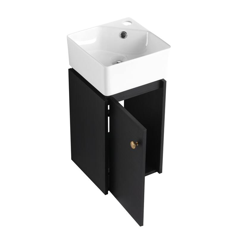 Small Bathroom Vanity with Sink, 12-Inch Black Chestnut Cabinet, Wall-Mounted with Soft-Close Door - 12in L Plywood