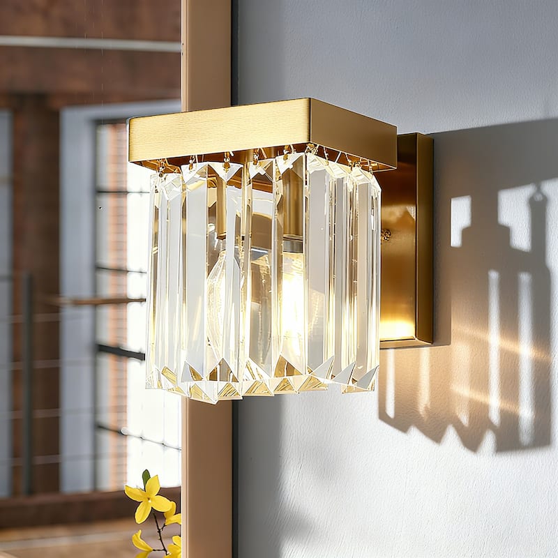 Diore Modern 1-Light Crystal Wall Sconce Gold Bathroom Vanity Light - L 5.9" x W 4.5" x H 5.5"