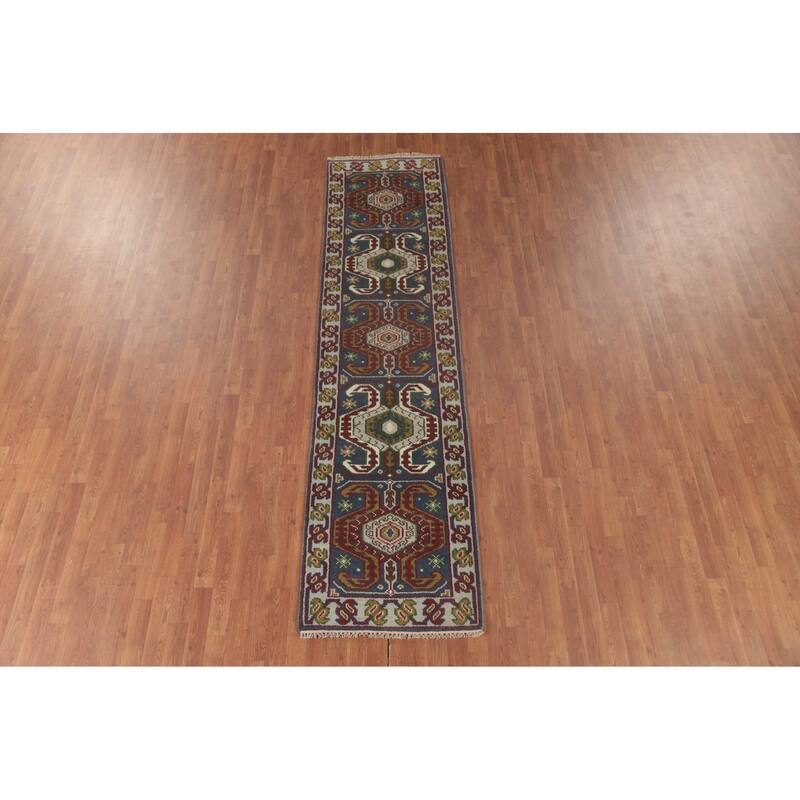 Geometric Blue Kazak Oriental Runner Rug Handmade Wool Carpet - 2'7"x 10'1"