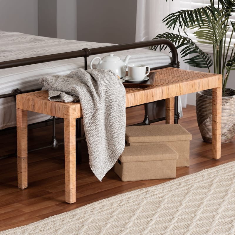 Abelia Modern Bohemian Natural Rattan and Mahogany Wood Accent Bench
