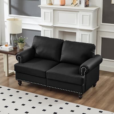 59.5" Living Room Loveseat in Black Leather with Storage and Removable Cushion Covers