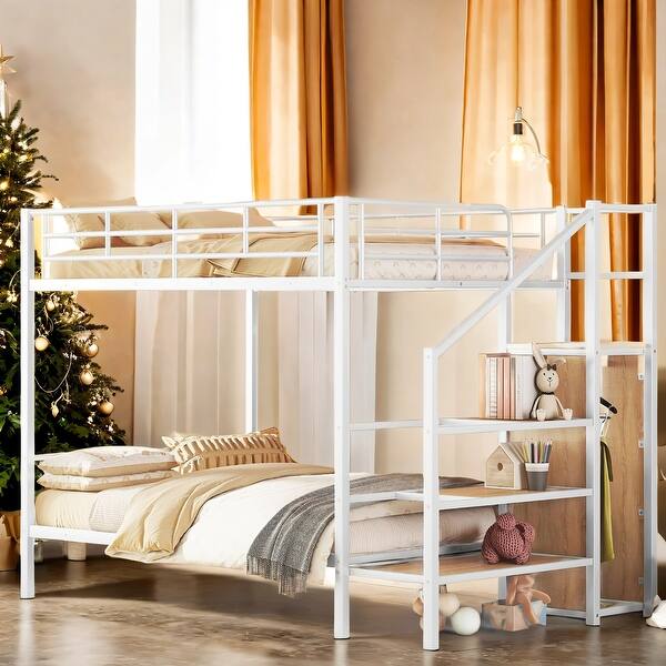 slide 2 of 15, Full Over Full Metal Bunk Bed with Lateral Storage Ladder and Wardrobe, Space Saving White