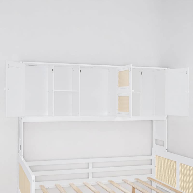Wooden Twin/Full Daybed with Trundle Bed, Storage Shelves and Cabinet, No Box Spring Required, Rattan Design