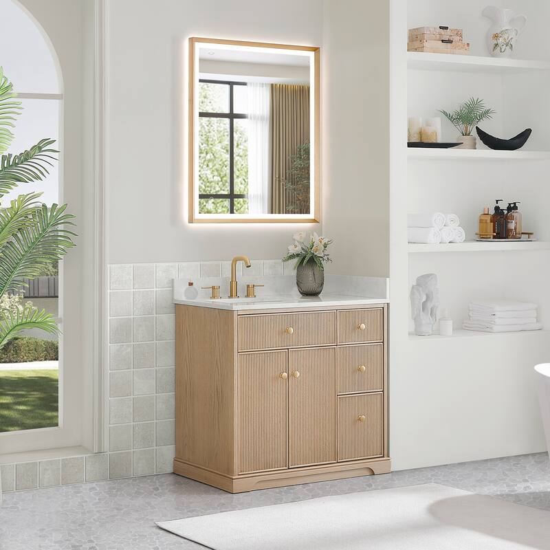 Barnett Bathroom Vanity in Natural Oak with Grain White Engineered Stone Countertop No Mirror