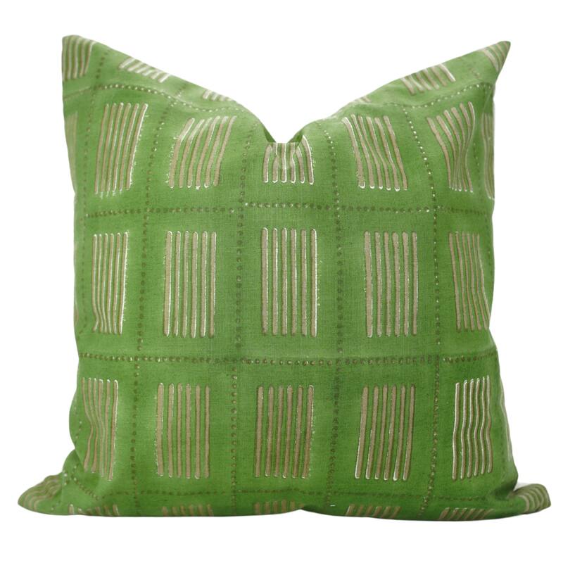 Fabdivine Block Print Cushion Cover 14x20 Inch Farmhouse Stripted Sofa Couch Chair Summer Gift Linen, Green Pillowcase, Yug