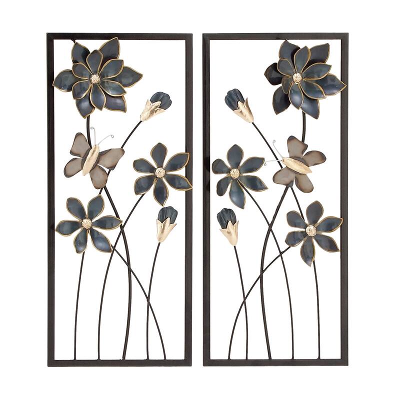 Teal Metal Floral Home Wall Decor with Black Frames and Butterfly Accents (Set of 2)