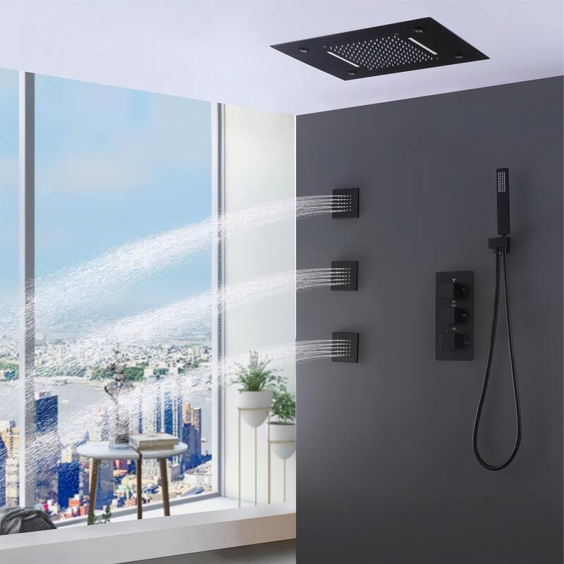 LED 4-Way Complete Rain and Waterfall Shower System with 3 body Jets & High-pressure Handheld, Ceiling Mounted