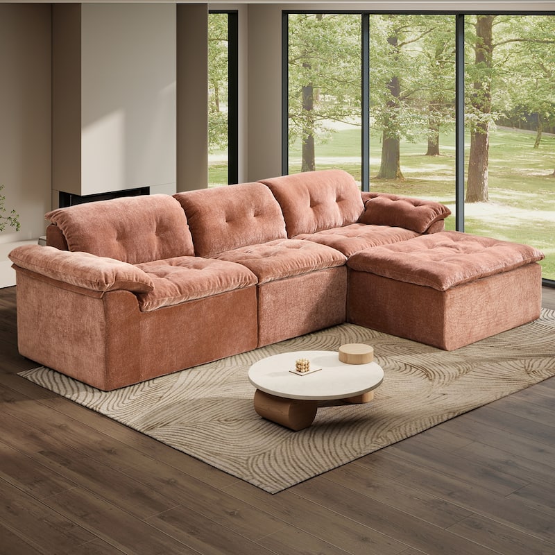 Rossetta L-Shaped Modular Chenille Cushioned Extreme Comfort Sofa with Detachable Backrest and Armrests, 1 Removable Ottoman - Orange