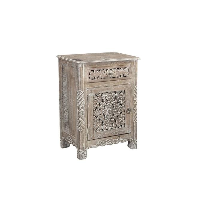 30" Distressed Gray One Drawer Carved Floral Solid Wood Nightstand