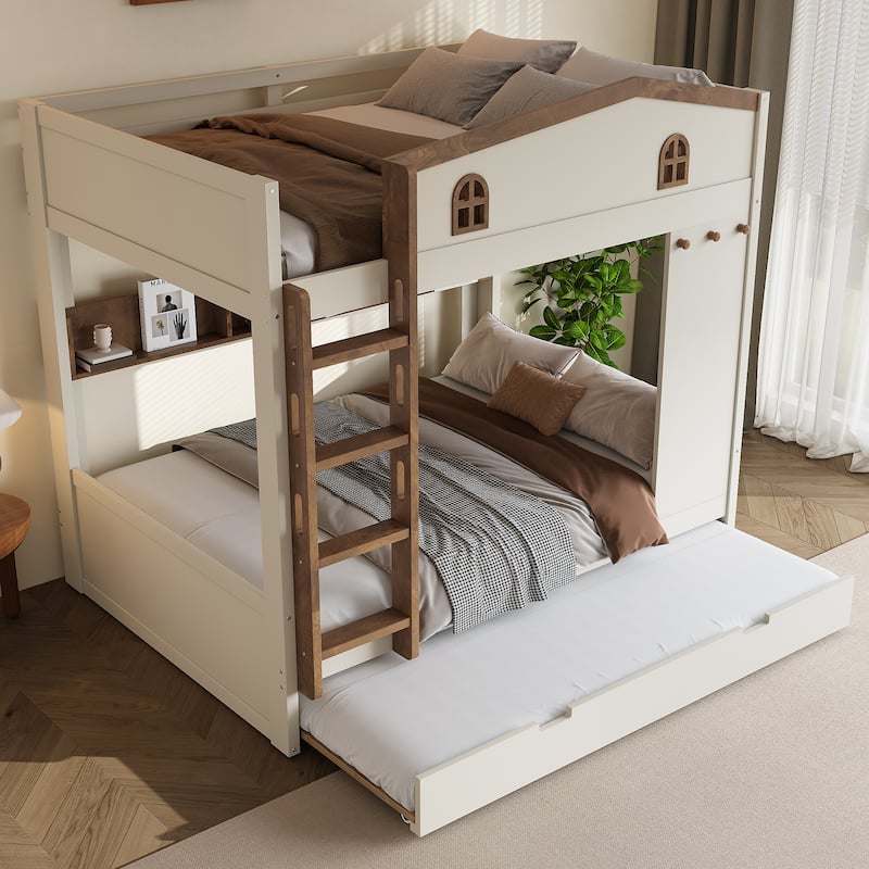 House-shaped Bunk Bed with Hooks, Storage Shelves, Safety Guardrails and Optional with Underbed Drawers or Trundle Bed