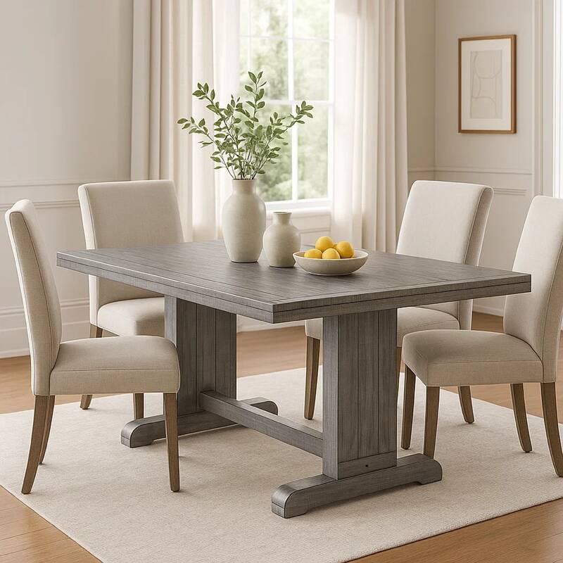 Zeka Dining Table, 60 Inch Top, Double Pedestal, Gray Solid Wood - Weathered Gray