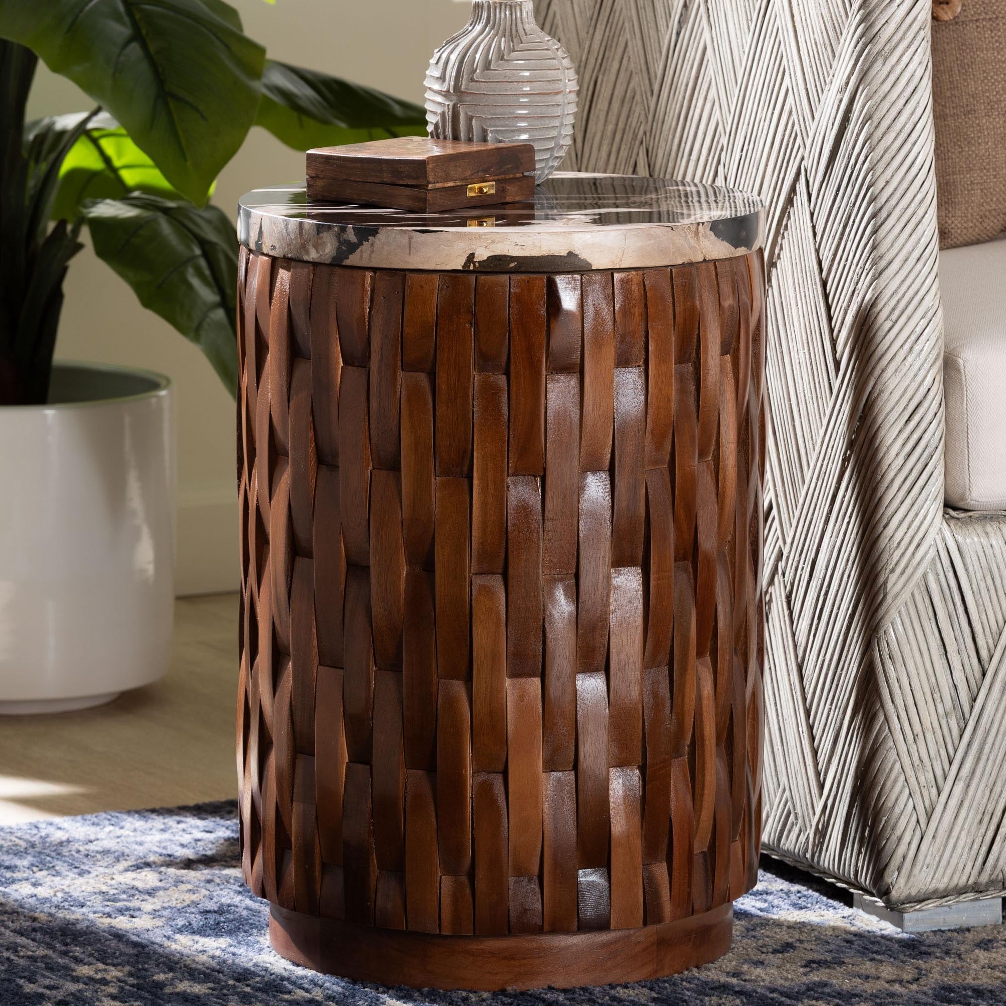 Lavanya End Table with Petrified Wood Top - Drum Accent Side Table with Recycled Teak Wood Frame for Living Room or Entryway
