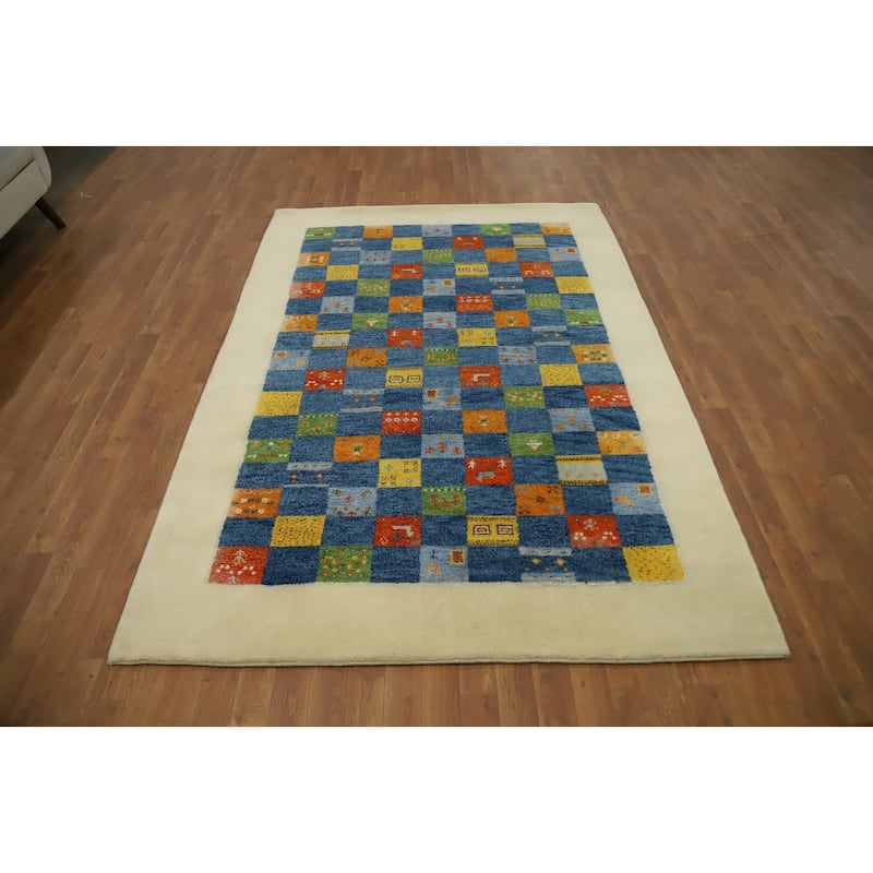 Hand Knotted Oriental 100% Wool Carpet Tribal Modern Navy Blue & Blues Gabbeh Area Rug - 7' 7'' X 5' 3''