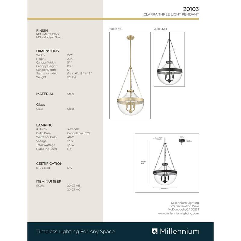 Millennium Lighting Clarra 1 Light Pendant Fixture