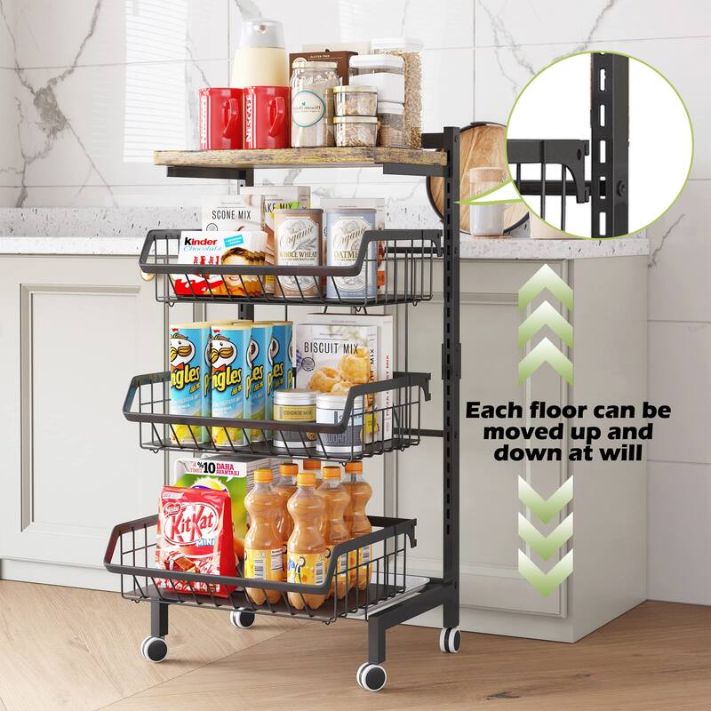 Fruit Basket 4-Tier Adjustable Fruit Vegetable Basket Cart Metal Wire Storage Cart Rolling Pantry Utility Kitchen Cart