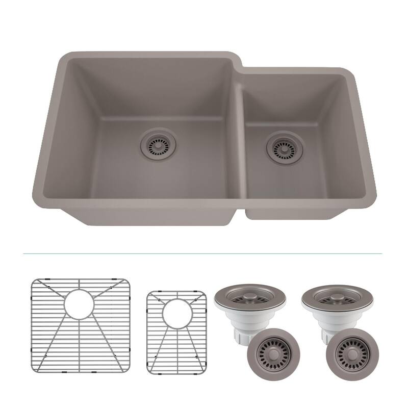 32"x19" Quartz Granite Kitchen Sink, 60/40 Double Bowl Drop-in/Undermount - 19x32 - Galaxy Concrete