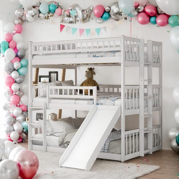 slide 2 of 15, Full Over Full Over Full Triple Bunk Bed with Ladder,Slide, for Bedroom White