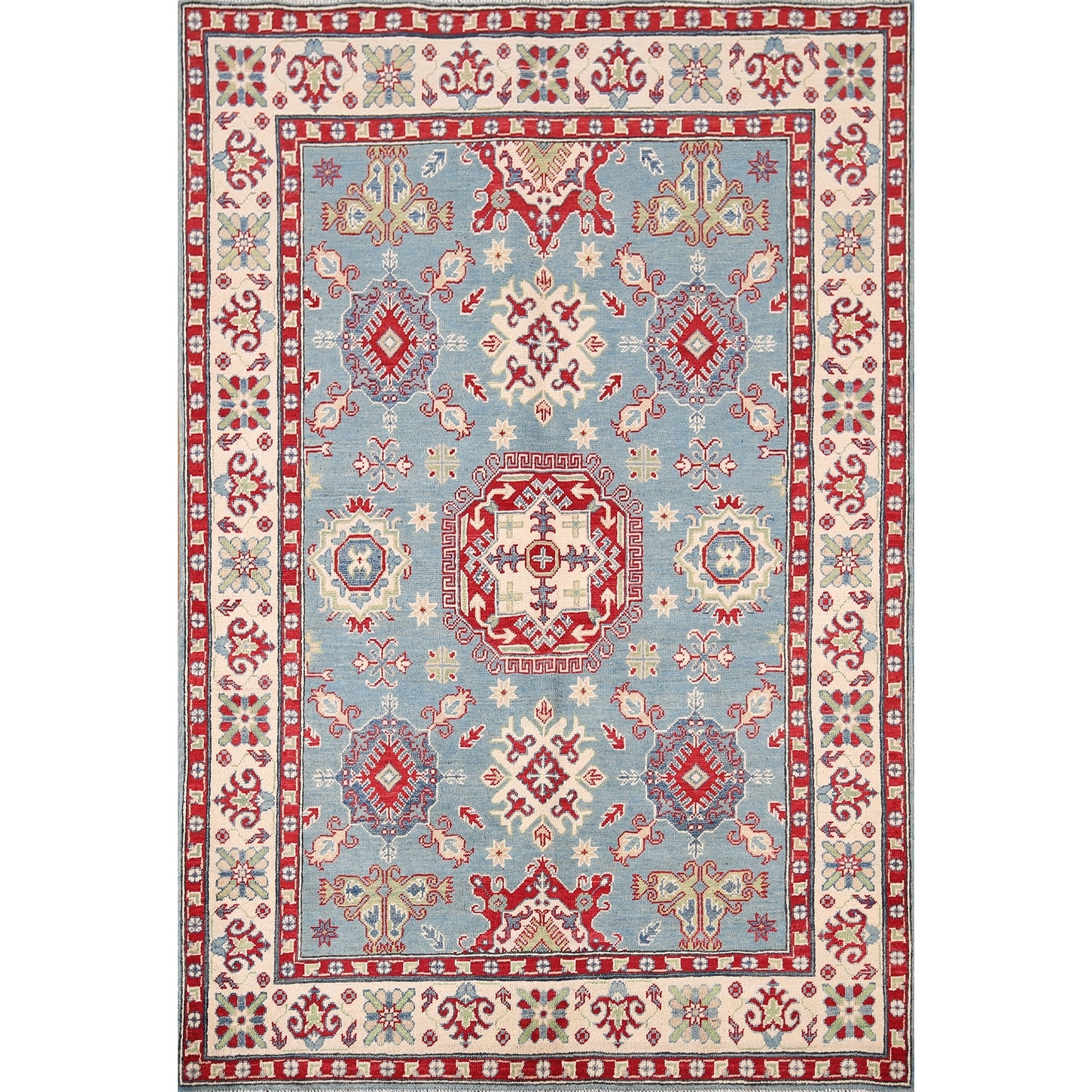Light Blue Kazak Rug Hand-Knotted Oriental Wool Carpet - 5'1" x 6'7"